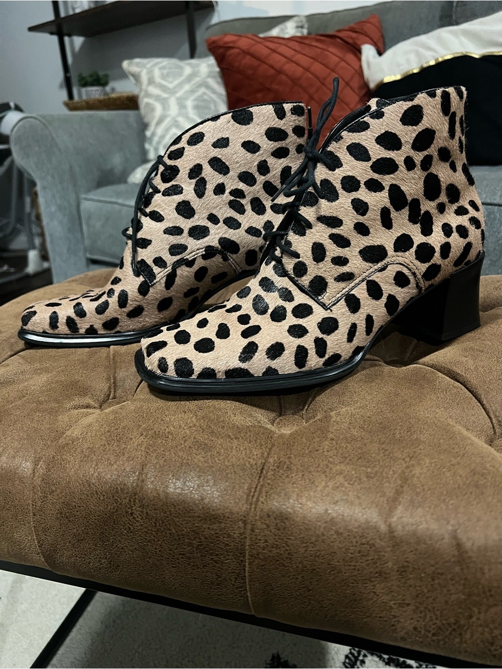 Franco Sarto Leopard Spot Lace-Up Ankle Boots in Beige and Black